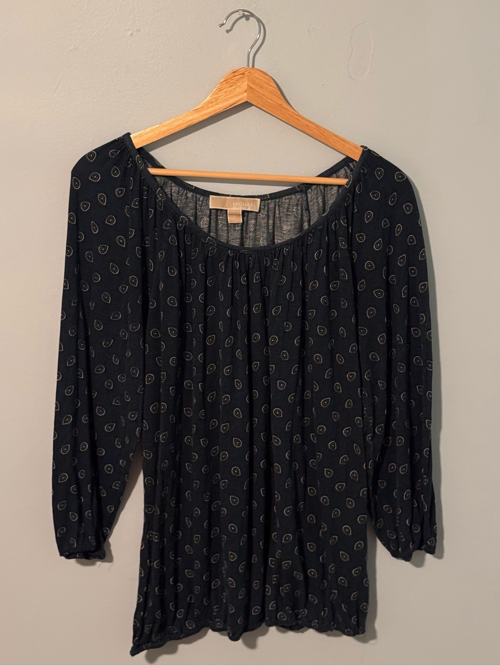 MICHAEL by Michael Kors Women’s Stretch Cotton Peasant Blouse in Patterned Navy
